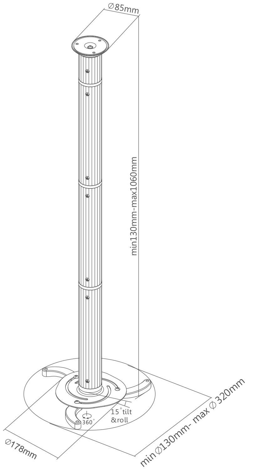 Bouwplan van een verstelbare standvoet met een hoogtebereik van 1300 mm tot 3000 mm en een basisdoorsnede van 178 mm. Rotatie tot 360 graden.
