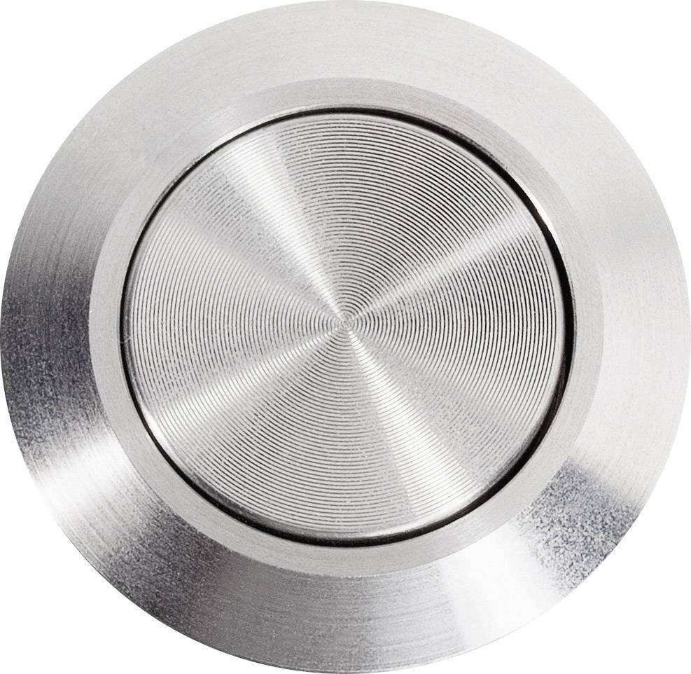 Zilveren metalen knop met concentrische cirkels op het oppervlak, geschikt als drukknop of schakelaar in elektronische apparaten.