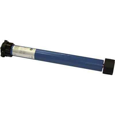 Blauwe buismotor met zwart kop, geschikt voor het optrekken en neerlaten van rolluiken of zonweringen.