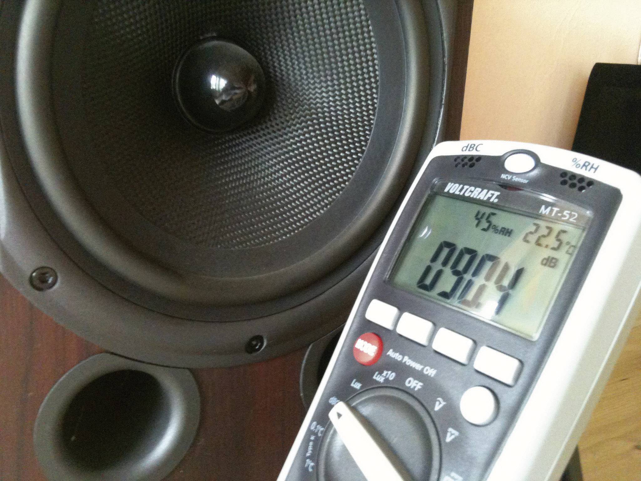 Een luidspreker en een voltmeter, die een decibel-meting van 90,4 aangeeft. De voltmeter meet het geluidsdrukniveau.