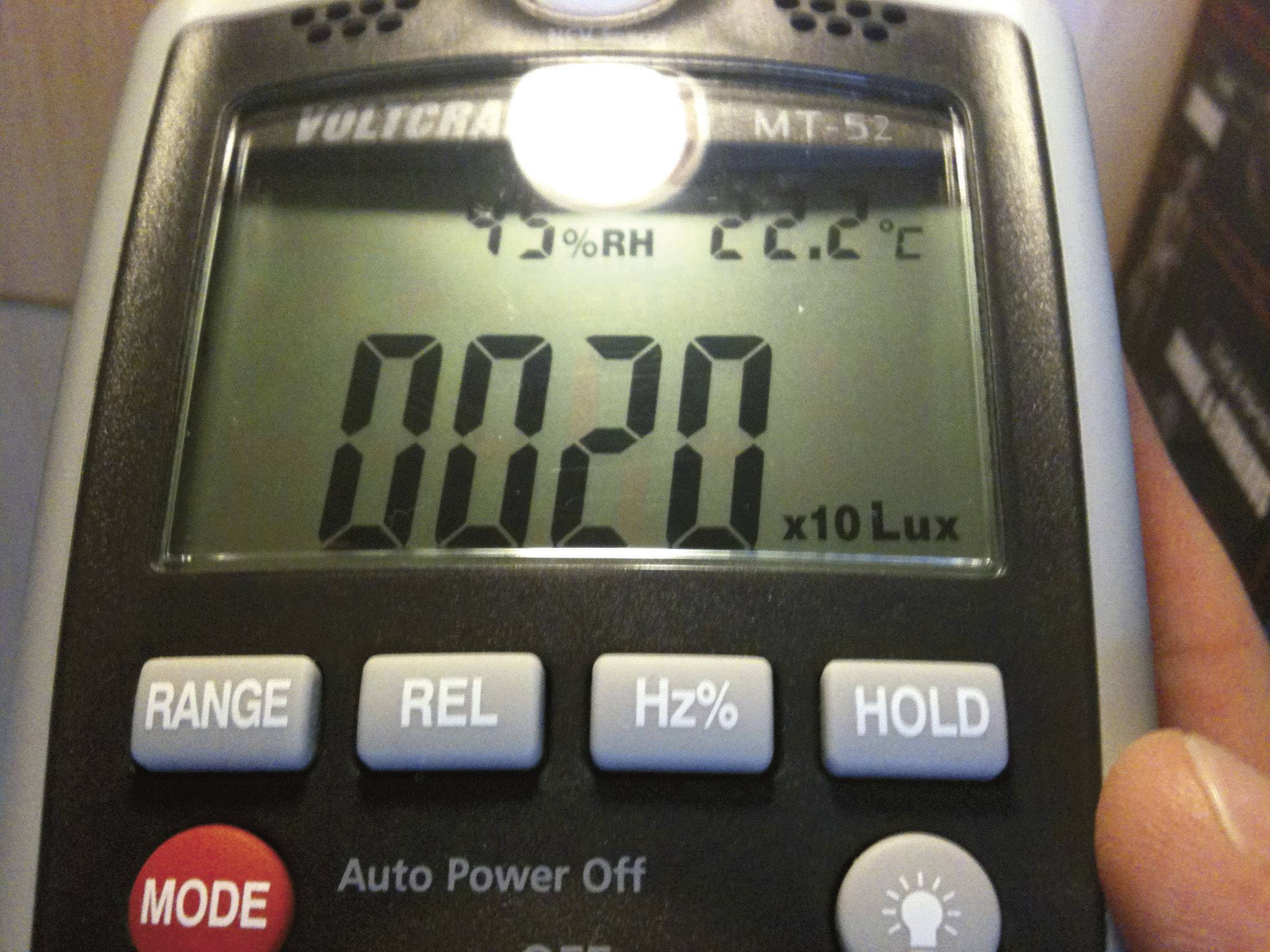Een digitale luxmeter toont momenteel een waarde van 20 op het display, met omgevingswaarden van 79% relatieve luchtvochtigheid en 22,2°C.