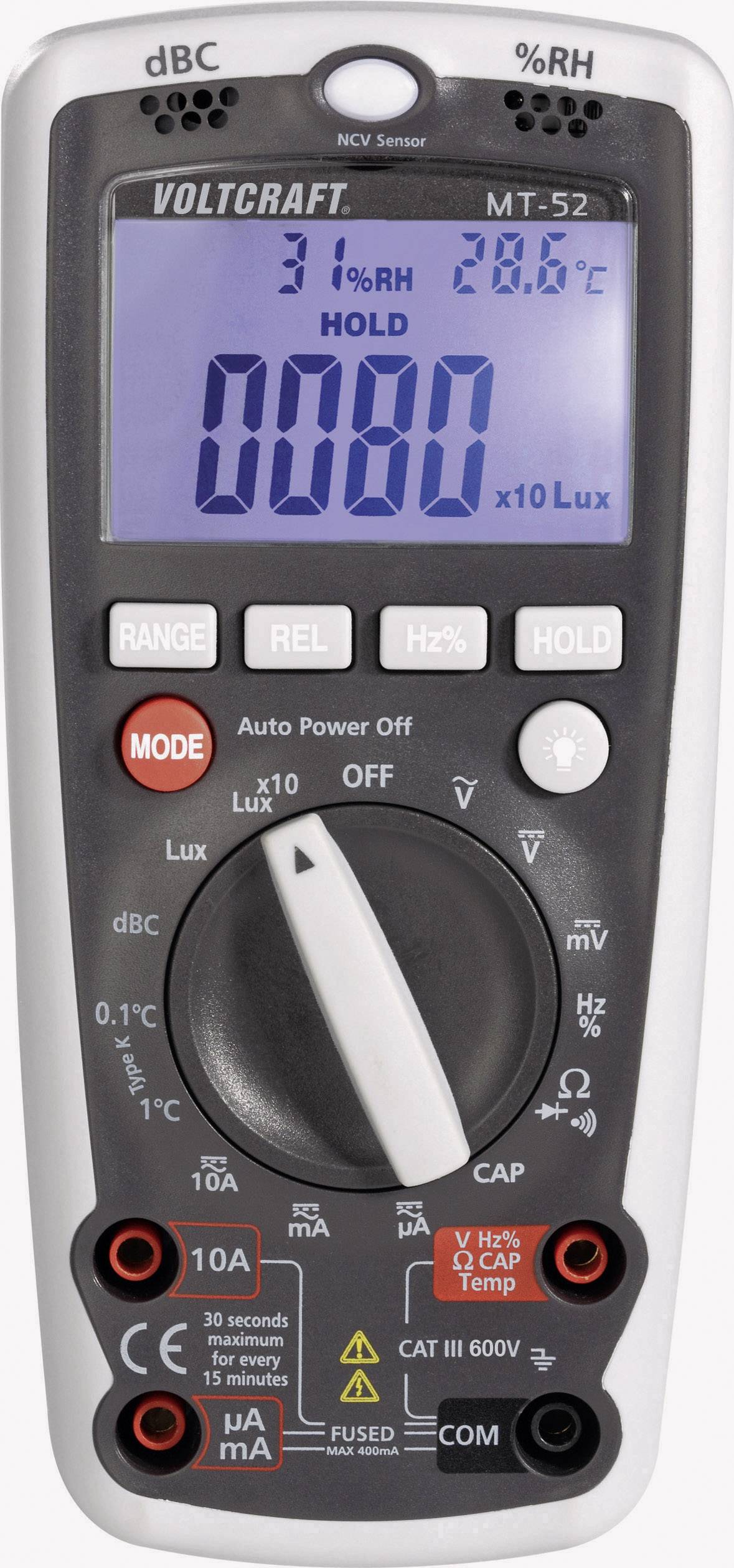 Digitale multimeter met groot display, toont '0080 x10 Lux', temperatuur en luchtvochtigheid. Schakelknop voor verschillende meetfuncties.