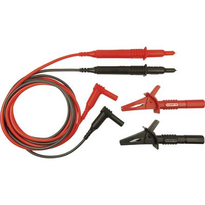 'Een set meetpennen en klemmen met rode en zwarte kabels, gebruikt voor elektrische tests en metingen.'