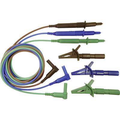 Meerkleurige meetpunten en -kabels in blauw, groen en bruin, voorzien van geïsoleerde krokodillenklemmen en veiligheidsaansluitingen.