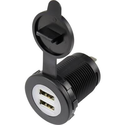 Een zwarte, cilindrische USB-laadaansluiting met twee USB-poorten en een afneembare afdekking, open en gebruiksklaar.