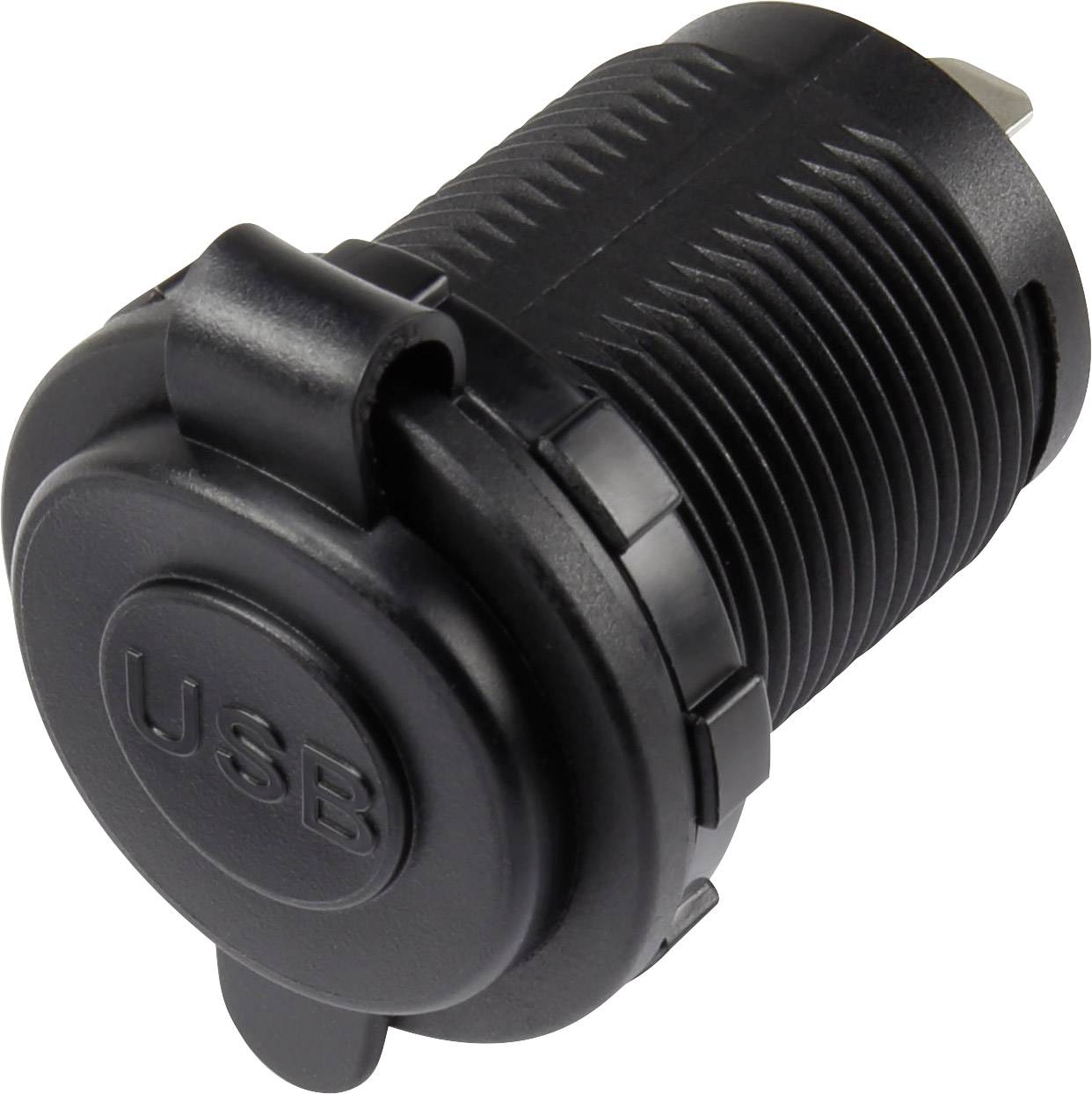 Zwarte ronde USB-aansluiting met deksel, geschikt voor montage in een oppervlak.