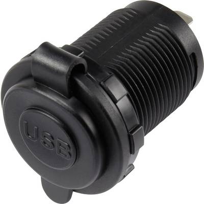 Zwarte ronde USB-aansluiting met deksel, geschikt voor montage in een oppervlak.