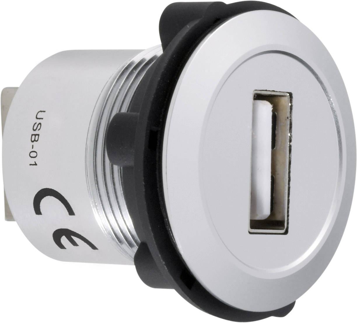 Close-up van een zilveren USB-aansluiting van type USB-01 met CE-markering, in een cilindrische behuizing.