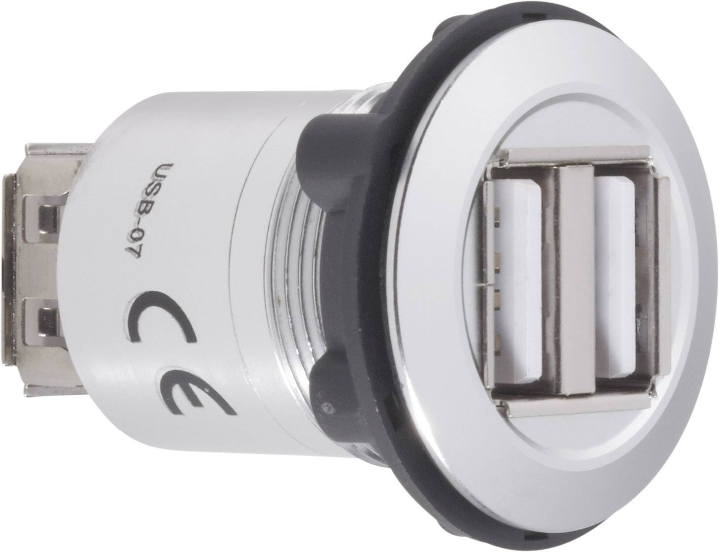 Cilindervortige USB-inbouwaansluiting met twee aansluitingen en CE-markering.