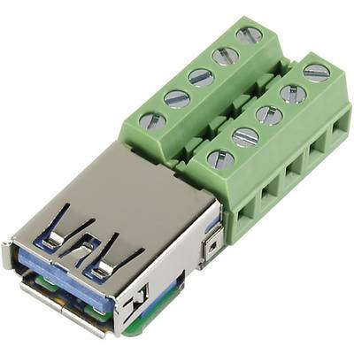 Een groene terminaal-blokadapter met USB-connector die elektrische verbindingen mogelijk maakt tussen een USB-kabel en draadklemmen.