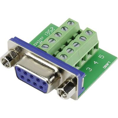 Een VGA-adapter met vier groene aansluitblokken en een blauwe stekkerstrip. Geschikt voor elektronische verbindingen.