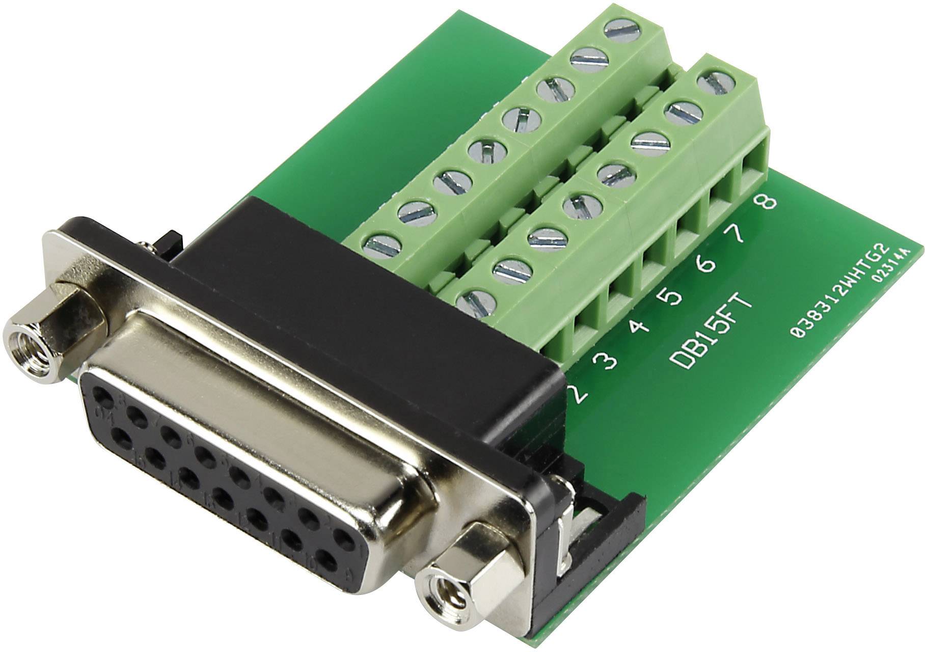 DB15-connector met groene schroefklemmen op een groene printplaat, genummerd van 1 tot 8, op een witte achtergrond.
