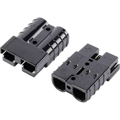 Twee zwarte elektrische stekkers, naast elkaar liggend, elk voorzien van twee aansluitopeningen en een gestructureerd design.