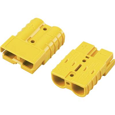 Twee gele elektrische stekkers met plus- en mintekens ter aanduiding van de polariteit. Ze zijn naast elkaar geplaatst op een lichte achtergrond.