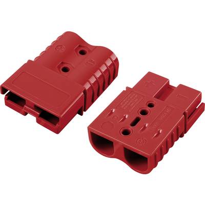Twee rode elektrische connectoren in verschillende perspectieven. Links plat liggend, rechts rechtop staand.