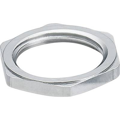 Een zilverkleurige zeshoekige metalen ring die eruitziet als een moer, op een witte achtergrond.