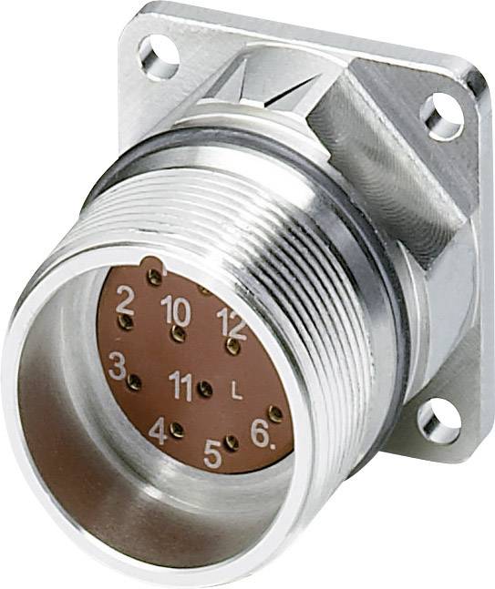 Een cilindrische metalen stekker met meerdere genummerde pinnen, gemonteerd op een vierkante basis met vier schroefgaten.