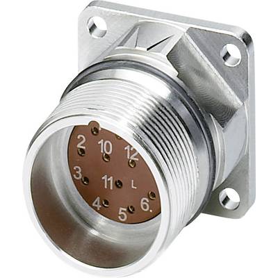 Een cilindrische metalen stekker met meerdere genummerde pinnen, gemonteerd op een vierkante basis met vier schroefgaten.
