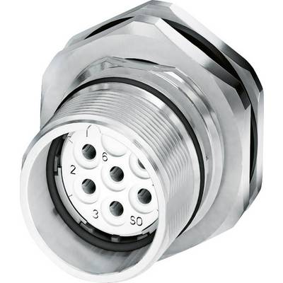 Een zilveren metalen stekker met meerdere pinnen die circulair zijn gerangschikt, gebruikt voor industriële bekabeling en elektronische aansluitingen.