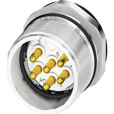 Zespolige, ronde metalen stekker met vergulde pinnen, gebruikt voor robuuste elektrische verbindingen in industriële toepassingen.