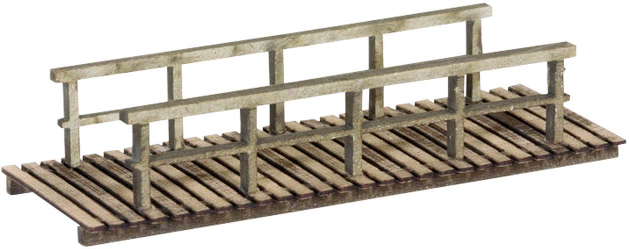 Kleine houten brug met eenvoudige leuningen, geschikt voor modelbouw. Illustreert een klassieke, rustieke bouwstijl.