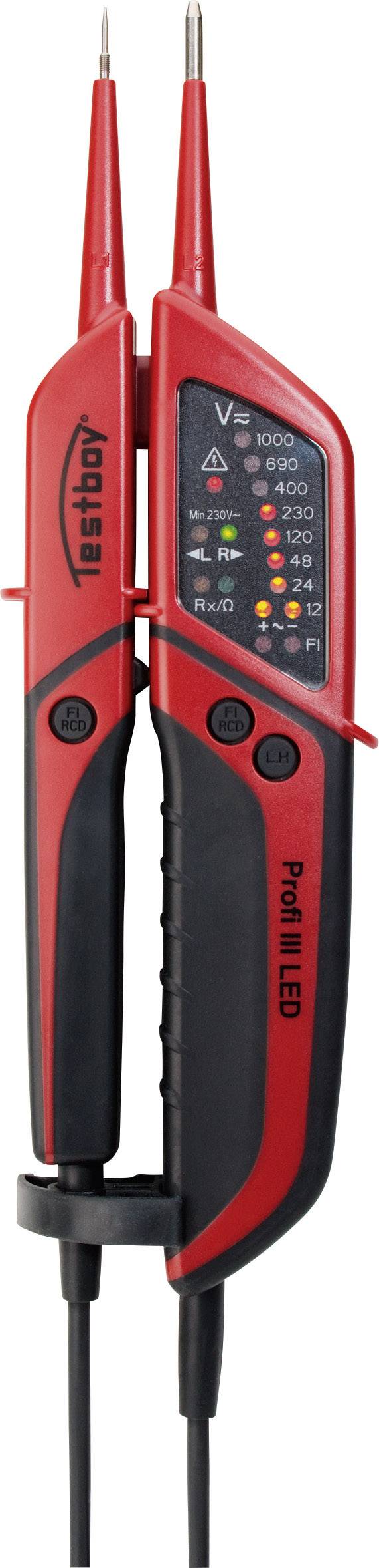 Spanningstesters met twee meetpennen, talrijke LED-indicatoren voor verschillende spanningsniveaus, ontworpen in rood-zwart.