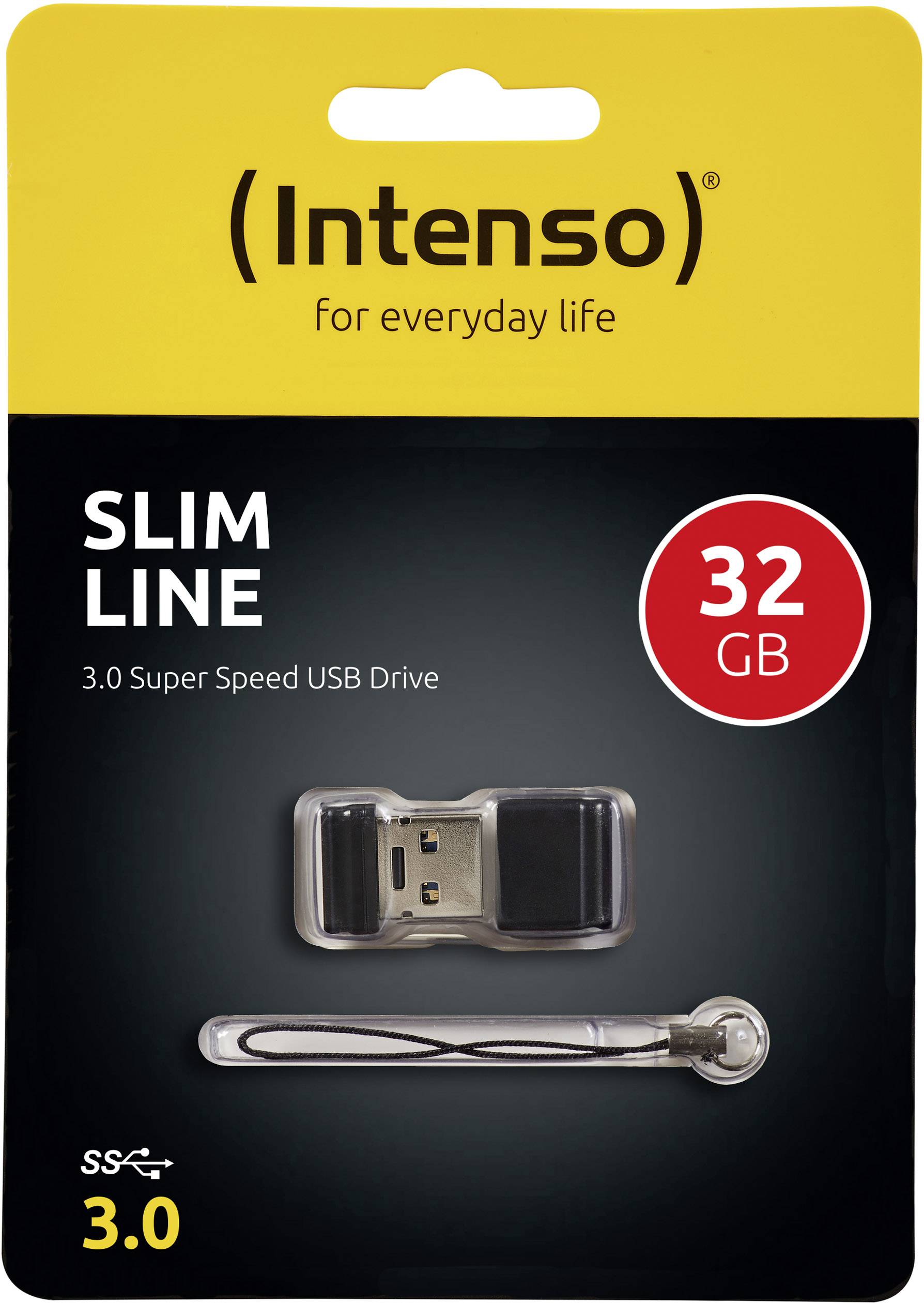 'Intenso' USB-stick verpakking: Slim Line, 32 GB, 3.0 Super Speed, USB-stick zichtbaar in behuizing. Geel-zwart verpakkingsontwerp.