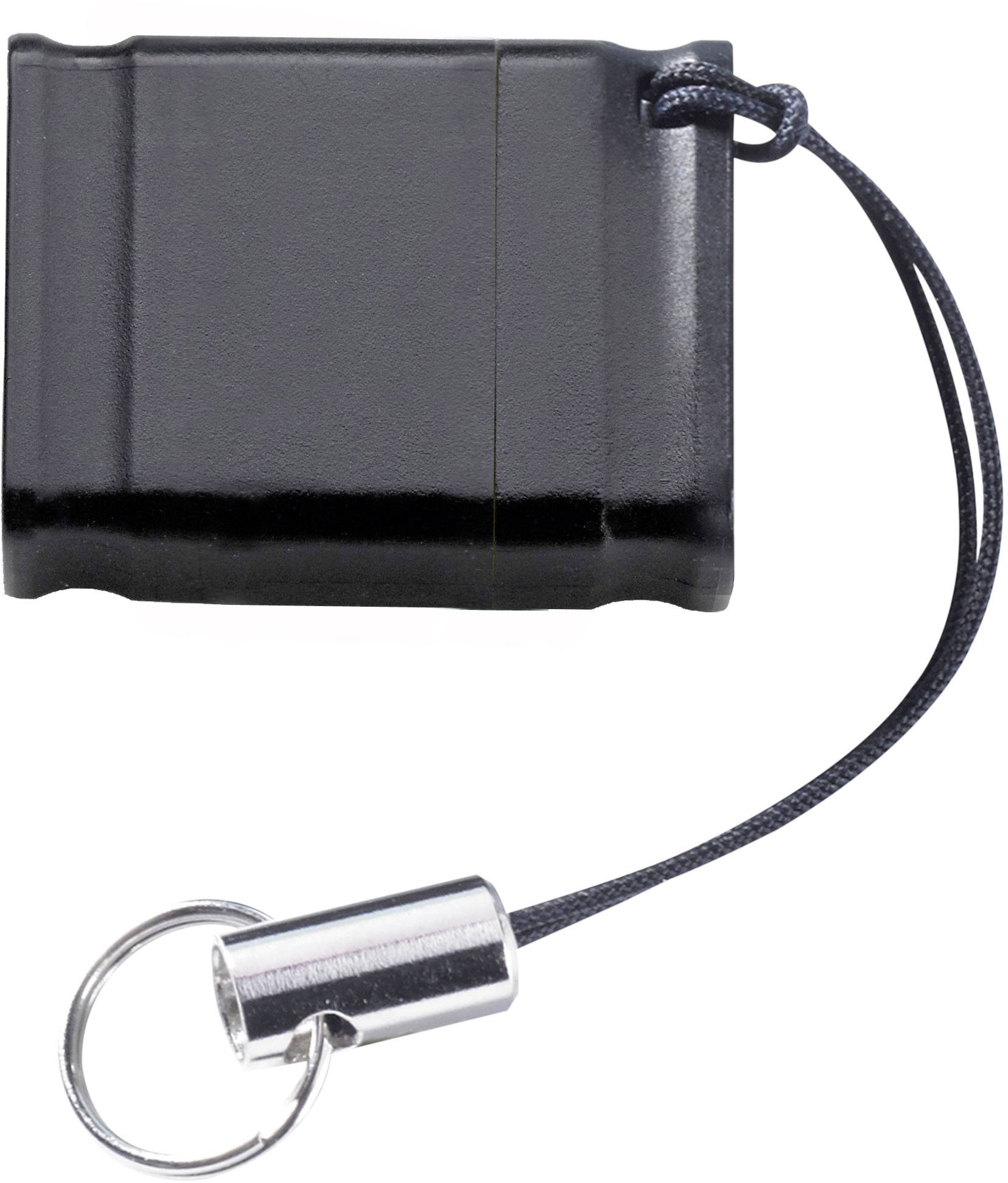 Kleine zwarte sleutelhanger in rechthoekige vorm met afgeronde hoeken en een metalen ring aan het eind van een dun bandje.