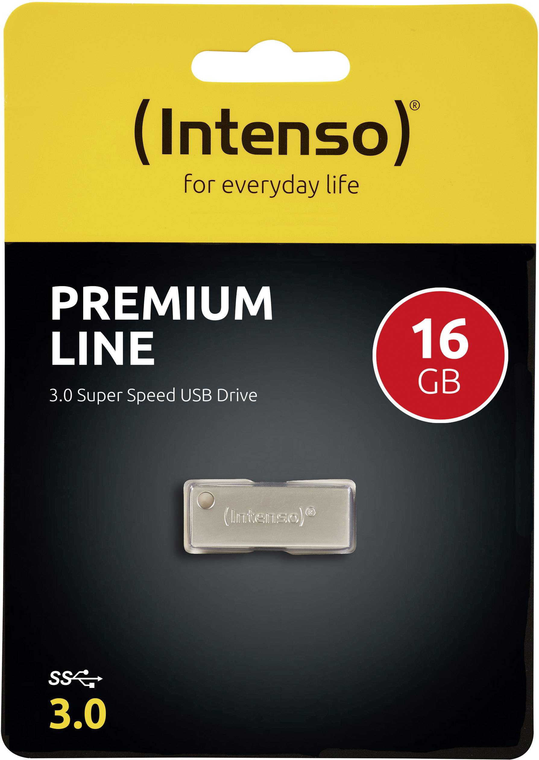 Een Intenso USB 3.0 geheugenkaart uit de Premium Line met 16 GB capaciteit. De verpakking is ontworpen in geel en zwart.