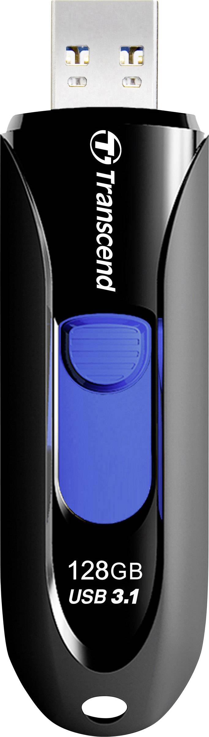 USB-stick met 128GB opslag, USB 3.1-aansluiting. Zwarte behuizing met blauwe schuifmechanisme. Merk 'Transcend'.