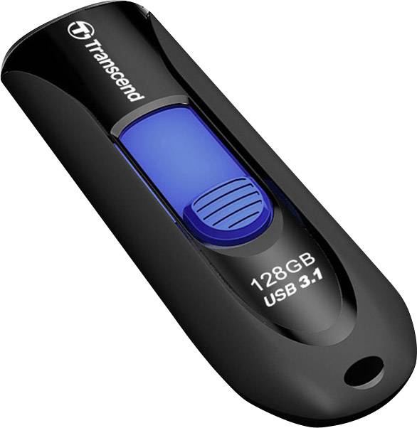 Een zwarte USB-stick met een blauwe dop waarop '128GB USB 3.1' staat.