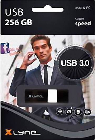 Verpakking van een USB-stick met 256 GB. Opdruk: 'USB 3.0, Mac & PC, super speed'. Op de achtergrond een man in een pak.