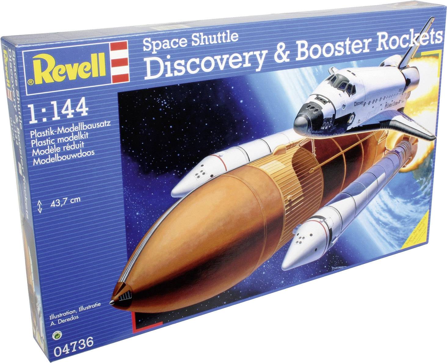 Bouwpakket voor 'Space Shuttle Discovery' met boosterraketten, schaal 1:144, van Revell. Afbeelding toont de shuttle in de ruimte.