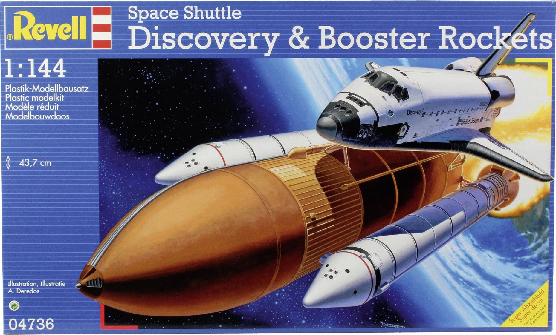 'Revell modelbouwpakket van de Space Shuttle Discovery met booster-raketten in 1:144 schaal, toont de shuttle in de ruimte met de Aarde op de achtergrond.'