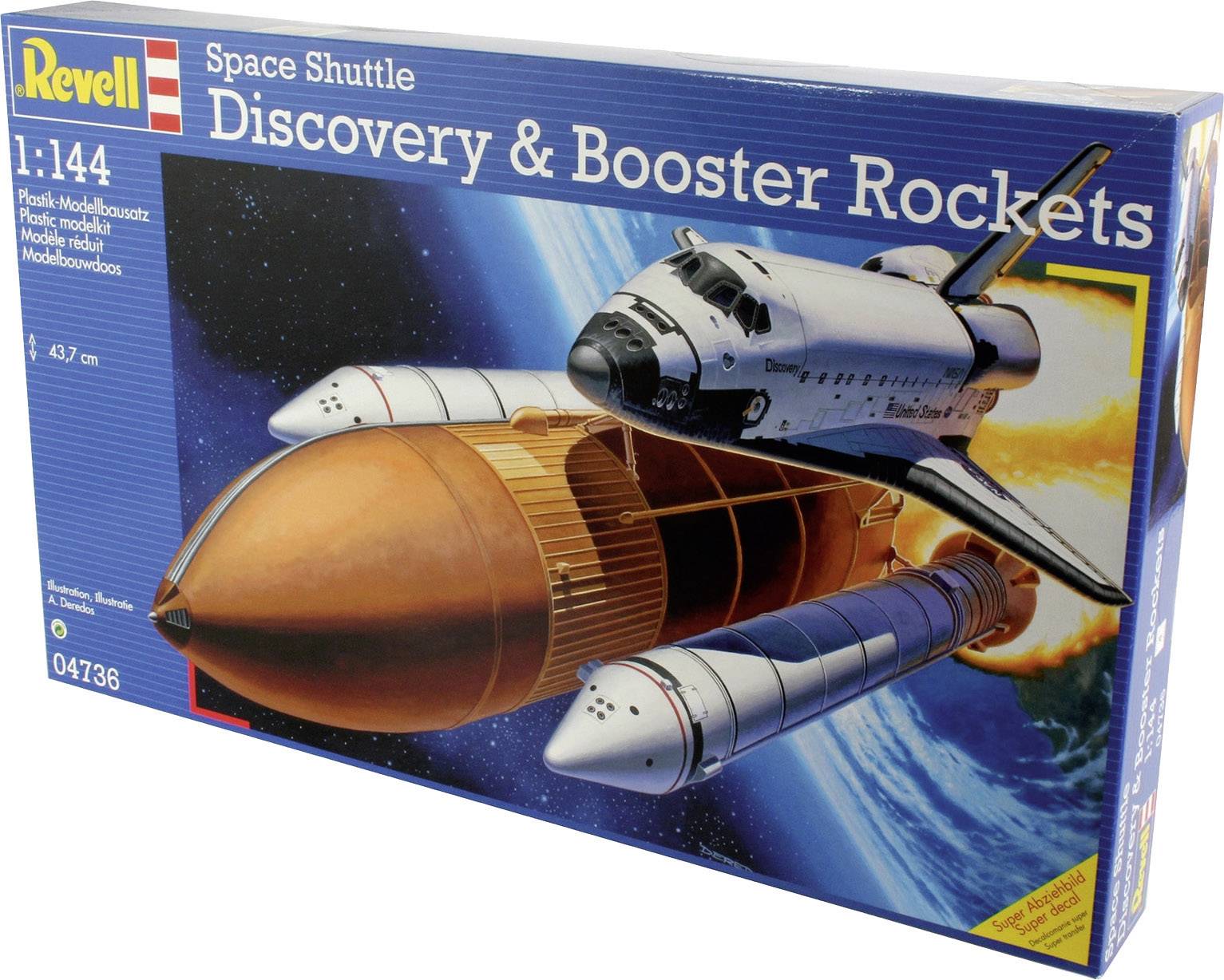 Bouwpakket: Space Shuttle Discovery met boosterraketten op schaal 1:144 van Revell. Verpakkingsontwerp toont shuttle in de ruimte.