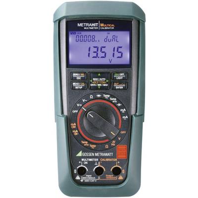 Digitaal multimeter met blauw display, toont 13,515 volt. Meerdere knoppen voor bediening en een grote draaiknop voor instellingen.