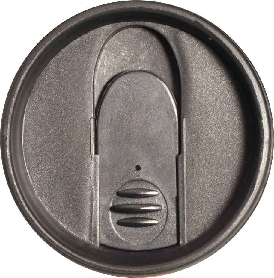 Een zwarte plastic deksel met een schuifschakelaar in het midden, vermoedelijk voor een kopje of beker.