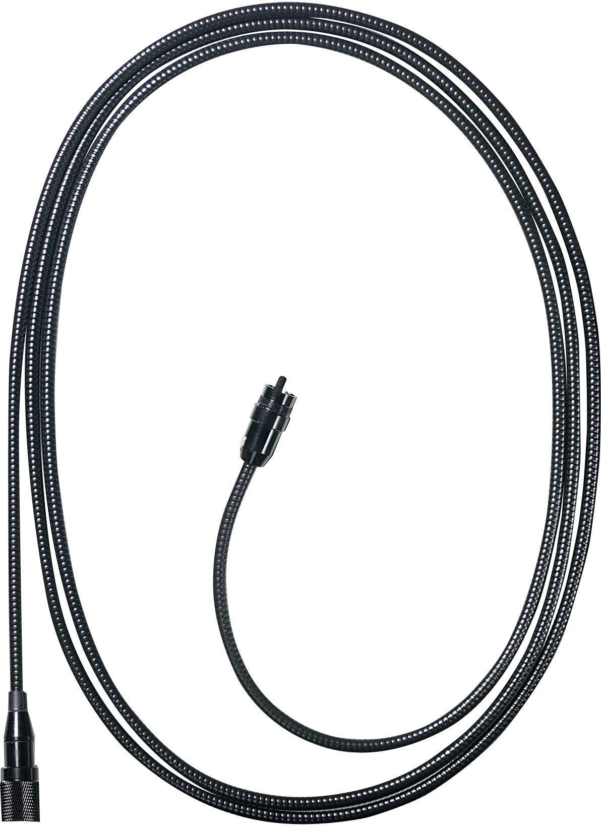 Een lang zwart kabel met een stekker in het midden; het lijkt flexibel en wordt waarschijnlijk gebruikt voor gegevensoverdracht of stroomvoorziening.