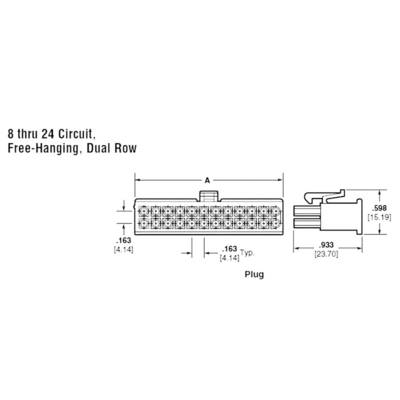Stekkerverbindingsdiagram: 8 tot 24-polige dubbele rij connector, vrij hangend, met afmetingen in inches.