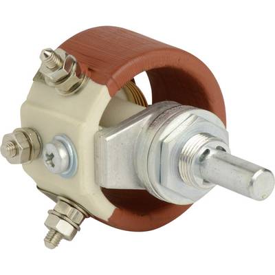 Afgebeeld is een meerlaags potentiometer met schroefaansluitingen en een metalen draaiknop, gebruikt voor weerstandsaanpassing.
