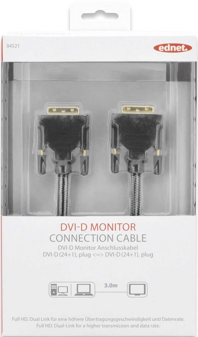 ednet DVI Aansluitkabel DVI-D 24+1-polige stekker, DVI-D 24+1-polige stekker 3.00 m Zwart 84521 Schroefbaar, Vergulde st-1