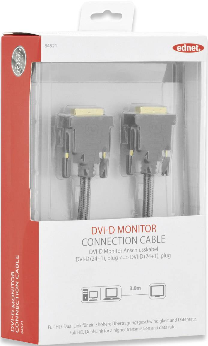 ednet DVI Aansluitkabel DVI-D 24+1-polige stekker, DVI-D 24+1-polige stekker 3.00 m Zwart 84521 Schroefbaar, Vergulde st-2