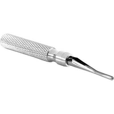 Metalen tandartsspiegel met een gegroefde handgreep en een reflecterende kop. Instrument voor het onderzoeken van de mondholte.
