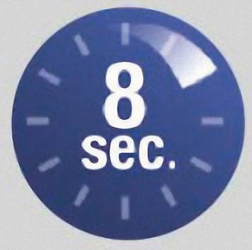 Blauwe cirkel met de tekst '8 sec.' en grafische maatstreepjes.