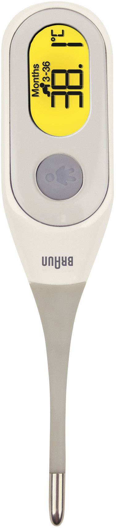 Digitale thermometer met geel display toont 38,6°C en een koortssymbool.