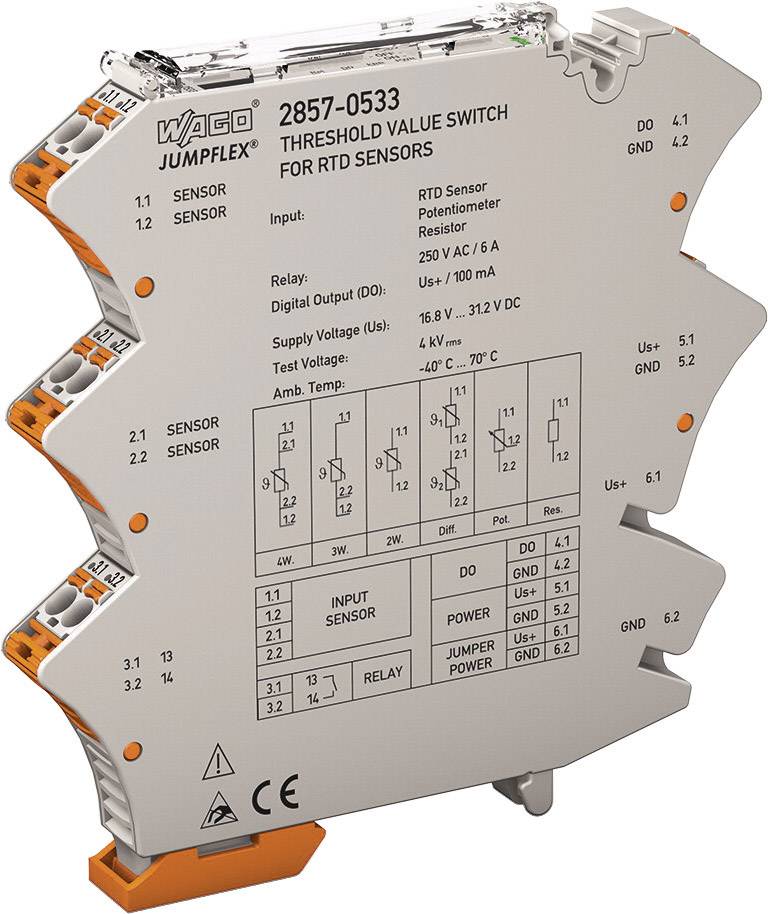 Drempelschakelaar voor RTD-sensoren, modelnummer 2857-0533. Geschikt voor invoer van potentiometer en weerstand.
