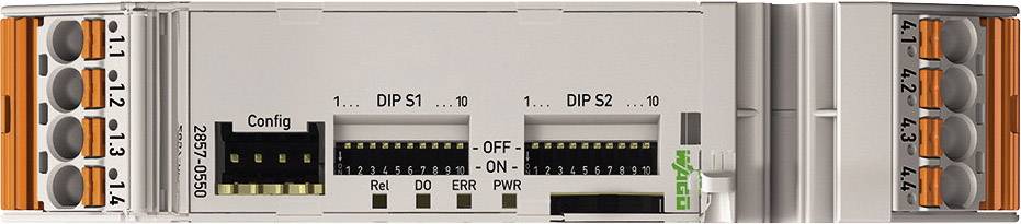 Elektronische module met DIP-schakelaars, LED-indicatoren en aansluitklemmen voor configuratie en statusweergave, geschikt voor industriële toepassingen.