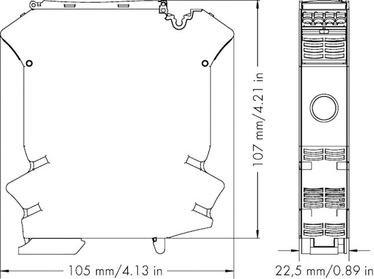 Technische tekening van een elektrisch apparaat met afmetingen: breedte 105 mm/4,13 inch, hoogte 107 mm/4,21 inch, diepte 22,5 mm/0,89 inch.