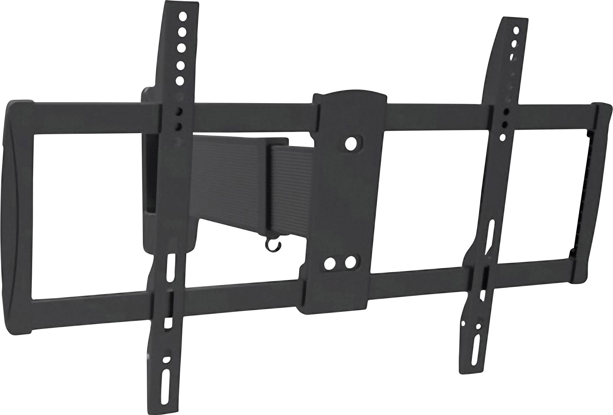 Zwarte tv-wandsteun voor flatscreens met verstelbare armen en montagespoor. Geschikt voor verschillende tv-formaten.