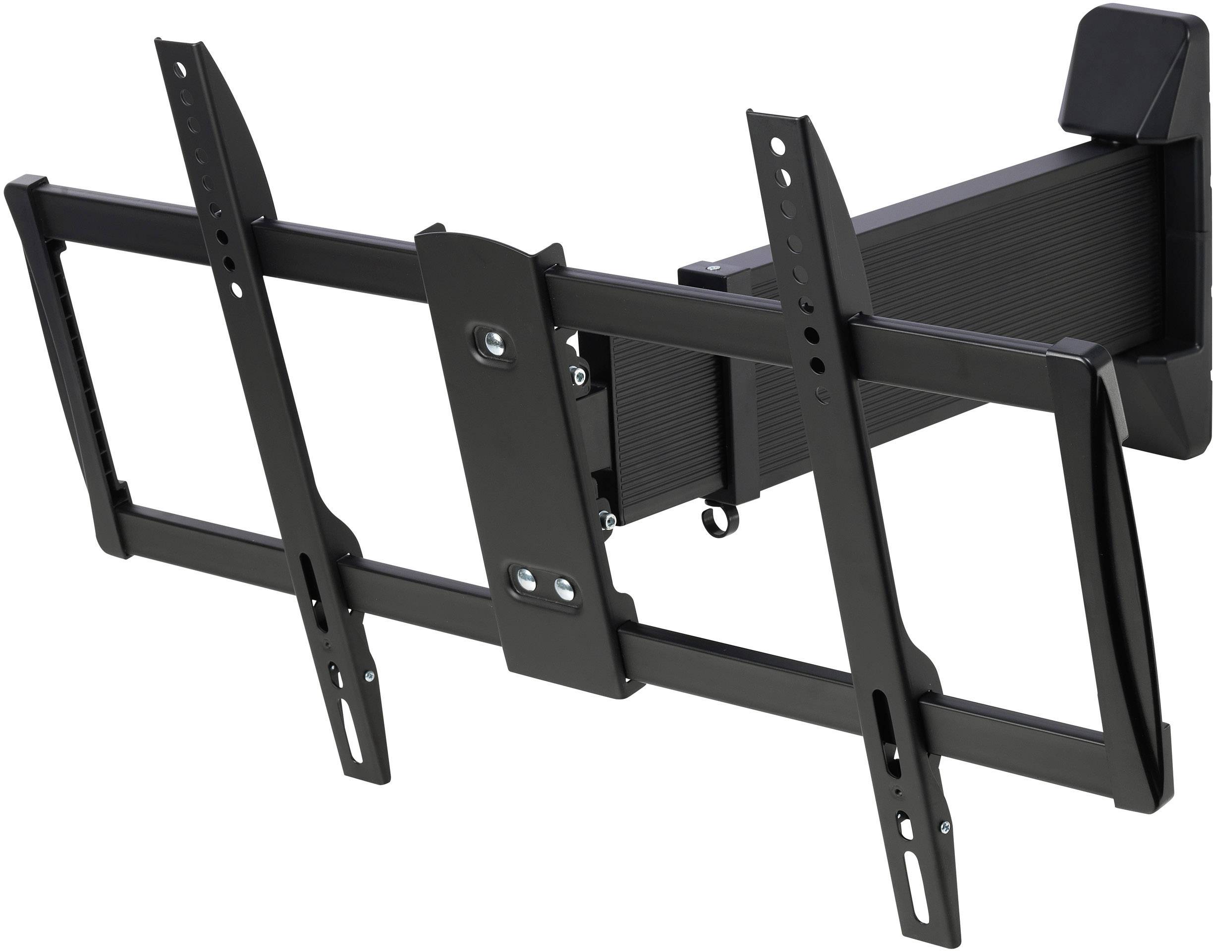 Wandsteun voor televisie, kantelbaar en draaibaar. Stevig, zwart frame met meerdere bevestigingspunten en een zwenkbare arm.